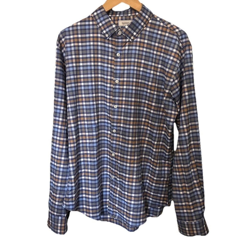 Savannah Men's XL Plaid luxurious Tencel Polyester Spandex Button Up Shirt 00304